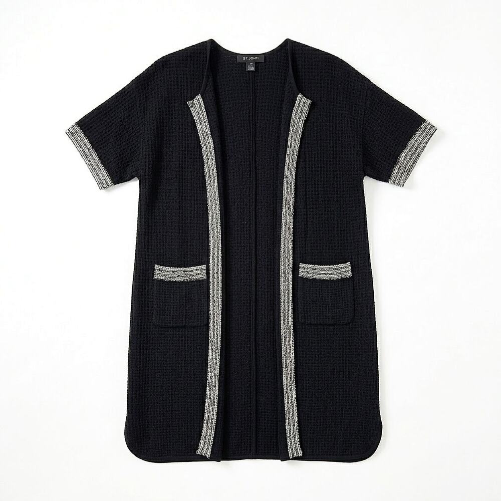 ST JOHN Textured Knit Wool Blend Duster Black Beige Trim Short Sleeve Womens XL